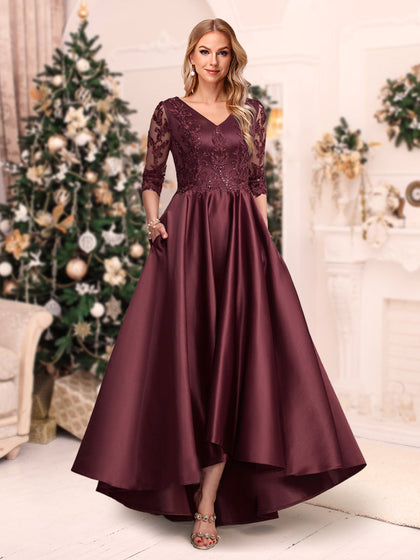 Robe de Noël Asymétrique Coupe A-Line/Princesse, Col en V, Manches 3/4 avec Applications