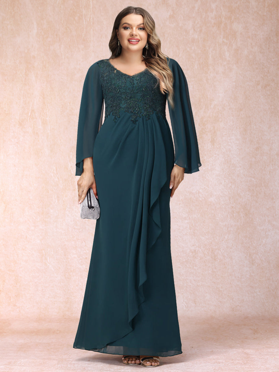 Robe de Mère de la Mariée Grande Taille, Fourreau/Colonne, Manches Longues, Longueur Genou, avec Appliques en Dentelle et Perles