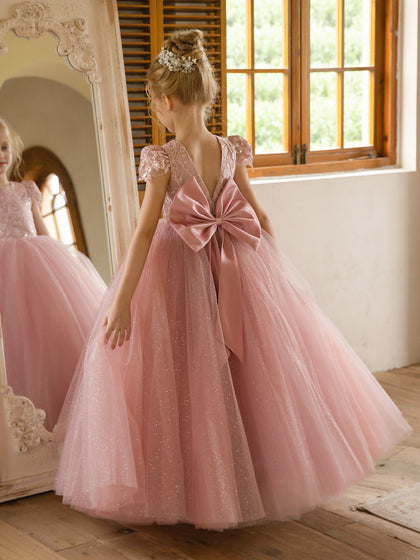 Robe Col Rond en Tulle pour Petite Fille d'Honneur avec Appliques et Nœud en Satin