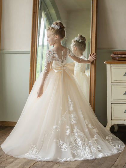 Robe Col Rond en Tulle pour Petite Fille d'Honneur avec Appliques et Nœud en Satin
