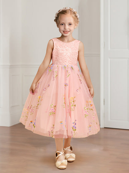 Robe de Demoiselled'Honneur Trapèze/Princesse en Tulle et Dentelle à Col Rond avec Broderie Florale