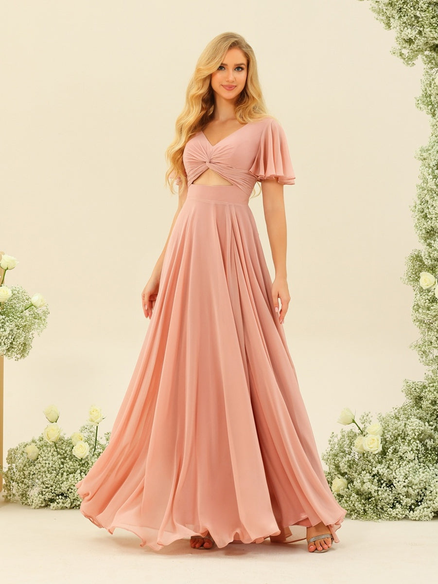 Robe de Mère de la Mariée Unique à Volants, Coupe A-Line/Princess, Col en V, Manches Courtes, Longueur Au Sol