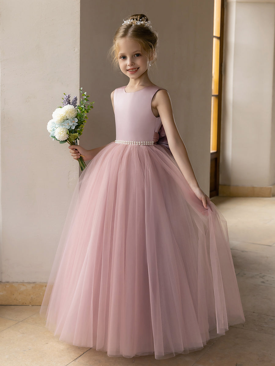 Robes de Fille de Fleur à Jupe Bouffante en Tulle avec Perles et Nœud
