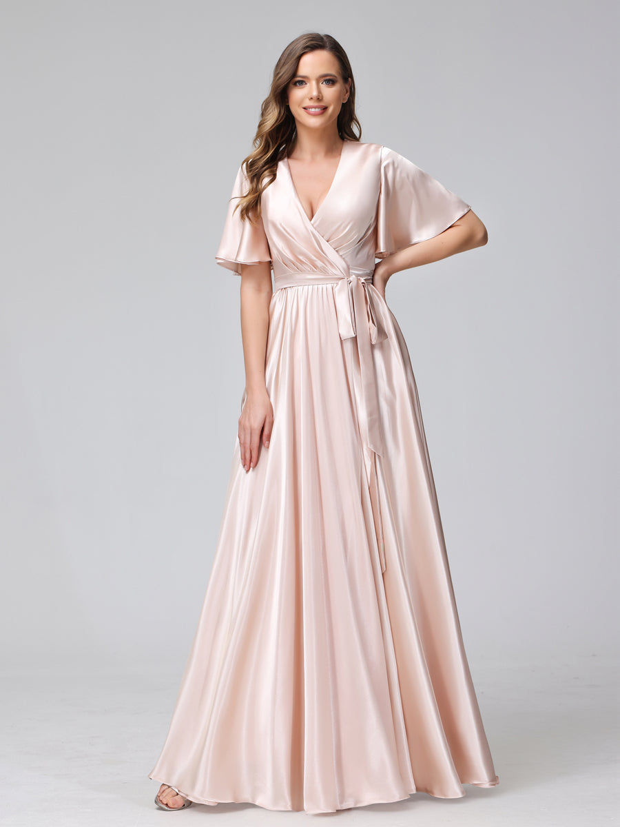 Robe de Demoiselle D'Honneur Coupe A-Line/Princesse, Col en V, Manches Courtes, Longueur Au Sol