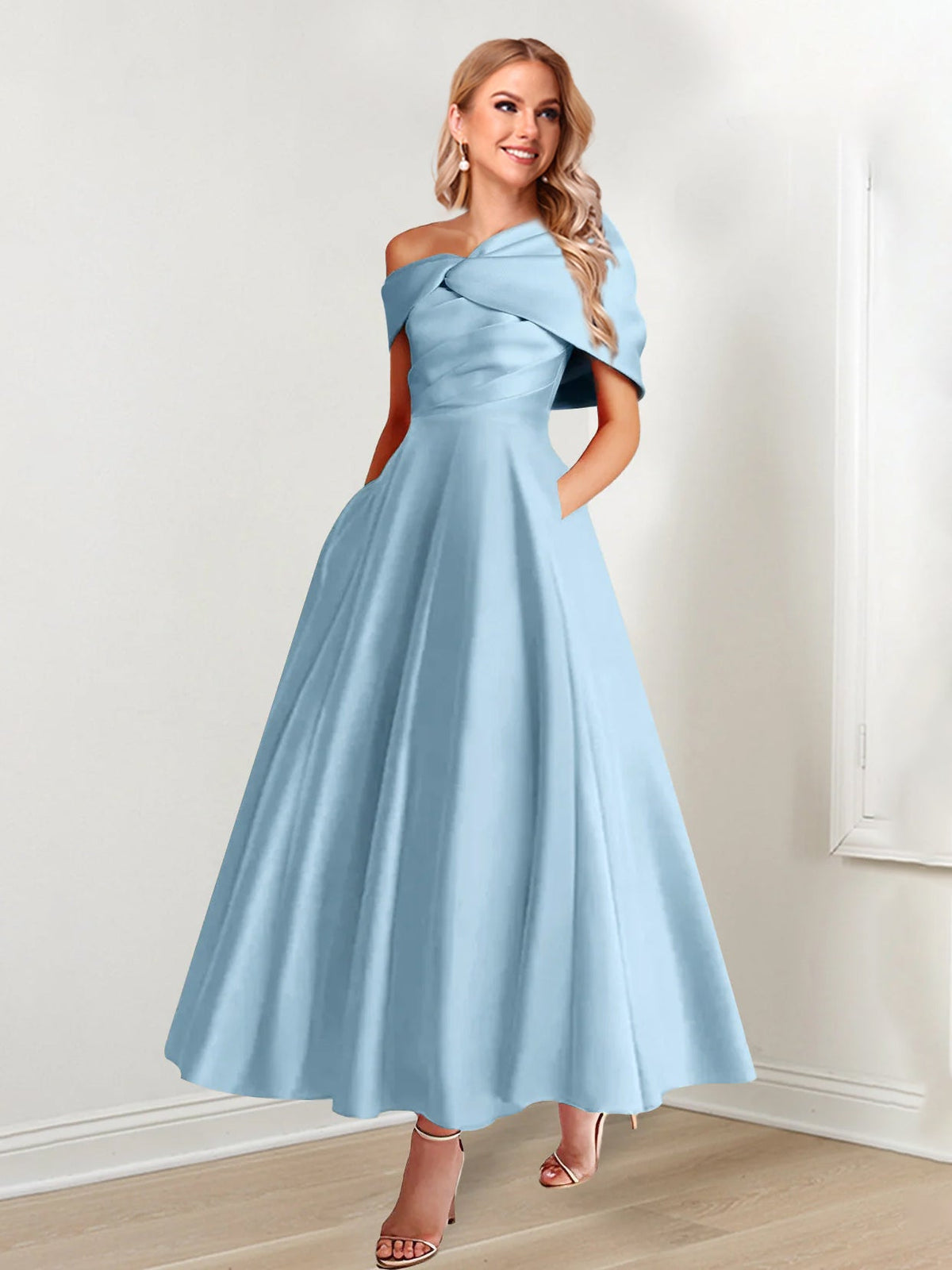 Robes de Mère de la Mariée A-Ligne/Princesse Longueur Cheville sans Manches Décolleté Bardot avec Volants
