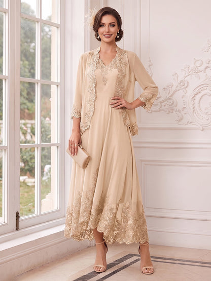 Ligne A/Princesse Col en V 3/4 Manches Longueur Cheville Robes Mère de la Mariée Robes avec Veste & Appliqué