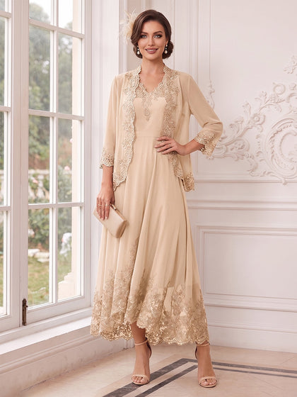 Ensemble Robe A-Ligne et Veste Mère de la Mariée Col en V, Manches 3/4, Longueur Cheville avec Appliques