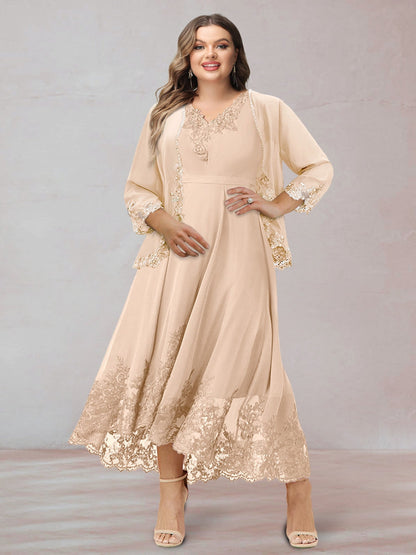 Robe Mère de la Mariée Grande Taille en Mousseline, Col en V, Manches 3/4 avec Appliques