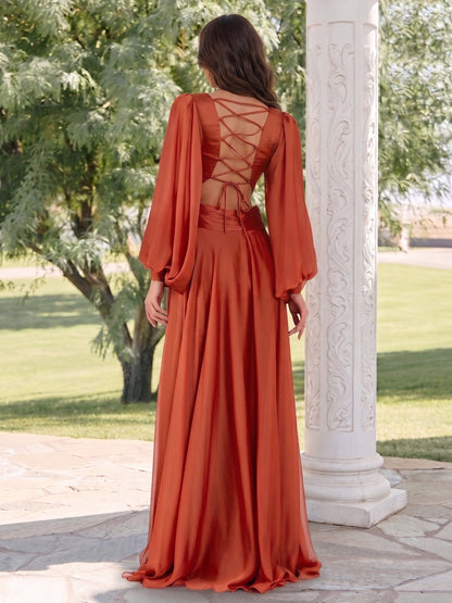 Robes de mariée trapèze/princesse, manches longues, col V, fente latérale, longueur au sol