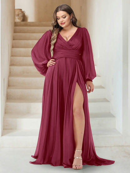 Robe de Demoiselle d'Honneur Grande Taille à Col En V et Manches Longues Coupe A-Line/Princess Longueur Au Sol avec Fente Sur Le Côté