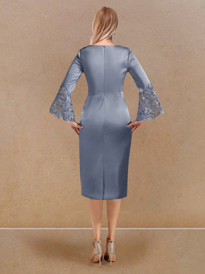 Robe de Soirée Fourreau/Colonne à Manches Longues et Décolleté Plongeant avec Appliques