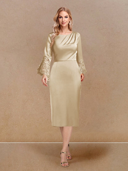 Robe de Soirée Fourreau/Colonne à Manches Longues et Décolleté Plongeant avec Appliques