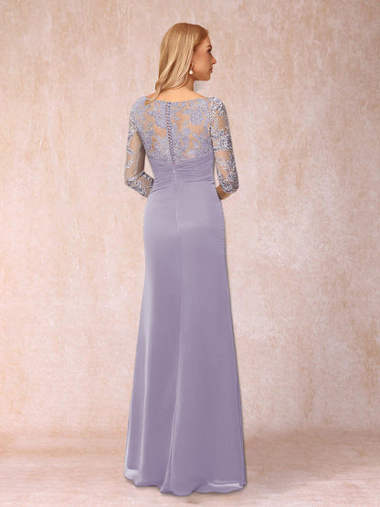 Robe de Soirée Fourreau/Colonne à Manches 3/4 et Longueur Au Sol avec Appliques