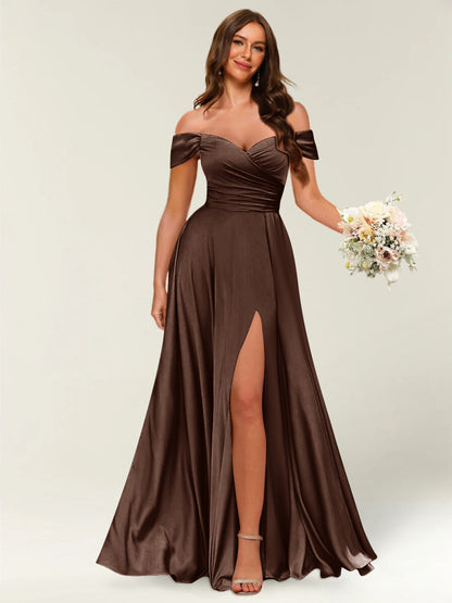 Robe Longue de Soirée Longue à Épaules Dénudées avec Côté Fendu et Froncé