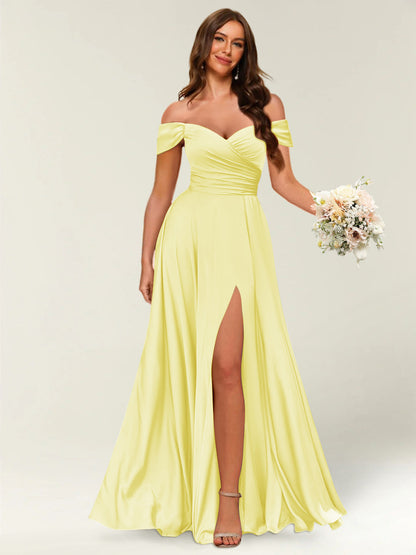 Robe Longue de Soirée Longue à Épaules Dénudées avec Côté Fendu et Froncé
