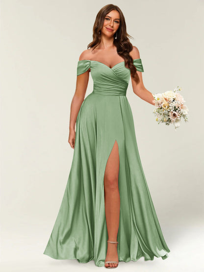 Robe Longue de Soirée Longue à Épaules Dénudées avec Côté Fendu et Froncé
