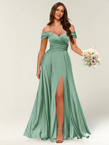 Robe Longue de Soirée Longue à Épaules Dénudées avec Côté Fendu et Froncé