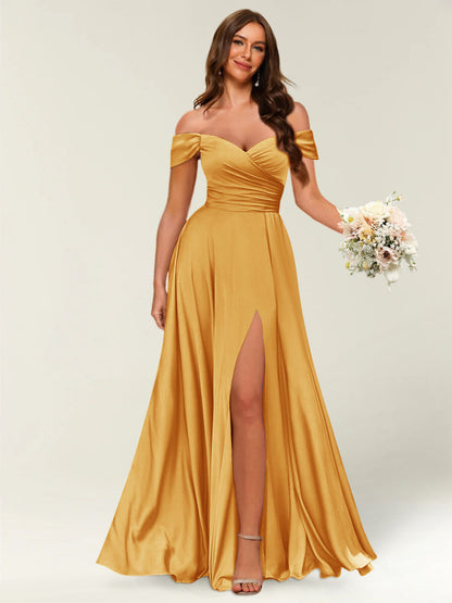 Robe Longue de Soirée Longue à Épaules Dénudées avec Côté Fendu et Froncé
