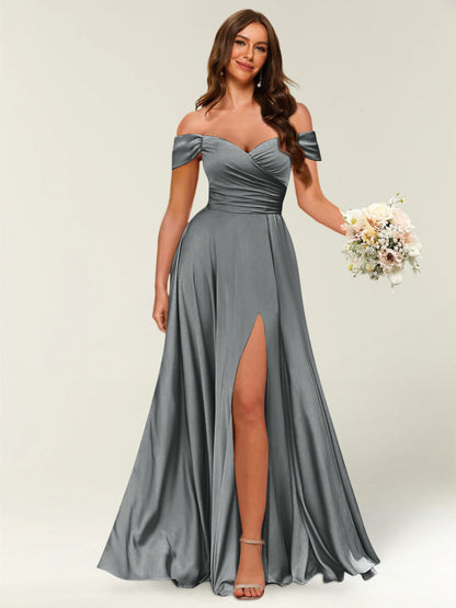 Robe Longue de Soirée Longue à Épaules Dénudées avec Côté Fendu et Froncé