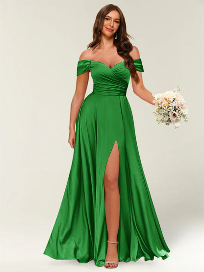 Robe Longue de Soirée Longue à Épaules Dénudées avec Côté Fendu et Froncé