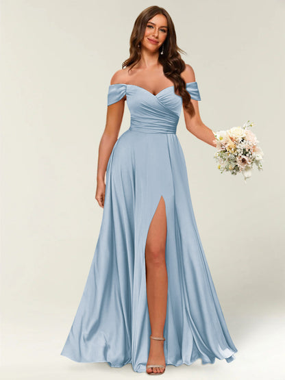 Robe Longue de Soirée Longue à Épaules Dénudées avec Côté Fendu et Froncé