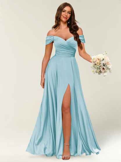 Robe Longue de Soirée Longue à Épaules Dénudées avec Côté Fendu et Froncé