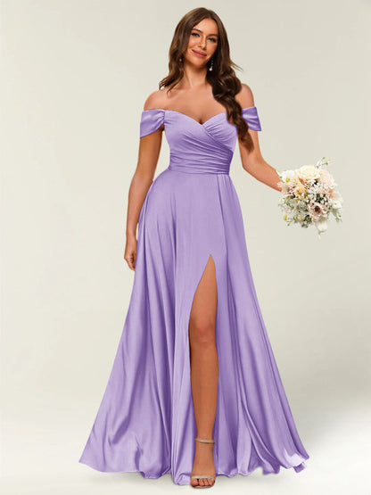 Robe Longue de Soirée Longue à Épaules Dénudées avec Côté Fendu et Froncé