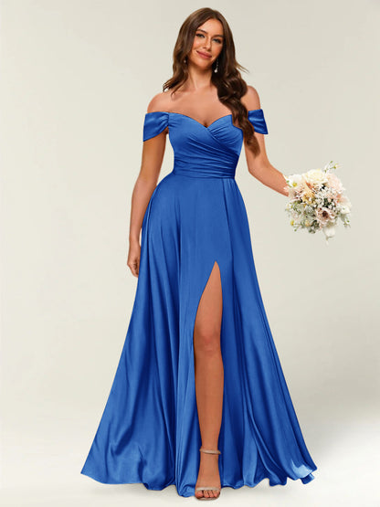 Robe Longue de Soirée Longue à Épaules Dénudées avec Côté Fendu et Froncé