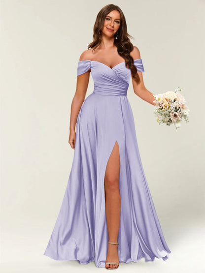 Robe Longue de Soirée Longue à Épaules Dénudées avec Côté Fendu et Froncé