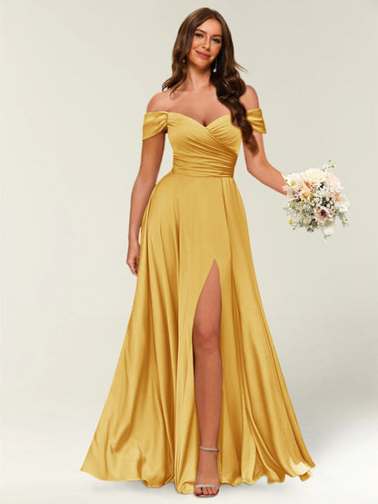 Robe Longue de Soirée Longue à Épaules Dénudées avec Côté Fendu et Froncé