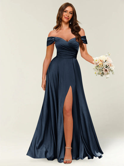 Robe Longue de Soirée Longue à Épaules Dénudées avec Côté Fendu et Froncé