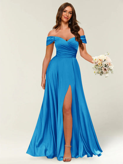 Robe Longue de Soirée Longue à Épaules Dénudées avec Côté Fendu et Froncé