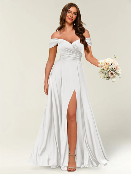 Robe Longue de Soirée Longue à Épaules Dénudées avec Côté Fendu et Froncé