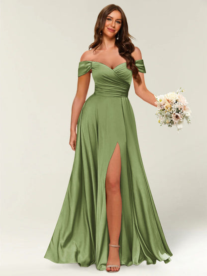 Robe Longue de Soirée Longue à Épaules Dénudées avec Côté Fendu et Froncé
