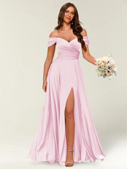 Robe Longue de Soirée Longue à Épaules Dénudées avec Côté Fendu et Froncé
