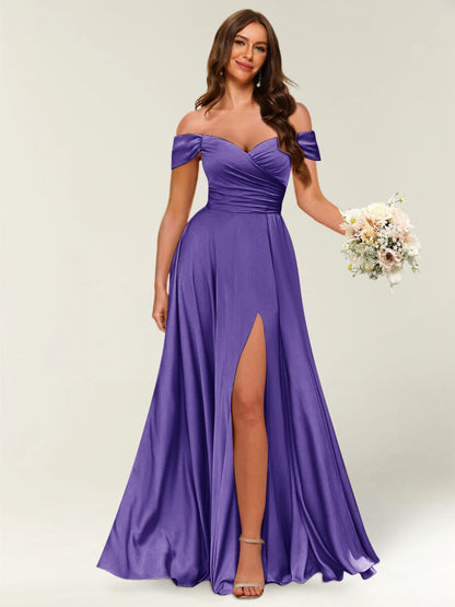 Robe Longue de Soirée Longue à Épaules Dénudées avec Côté Fendu et Froncé