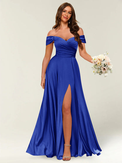 Robe Longue de Soirée Longue à Épaules Dénudées avec Côté Fendu et Froncé