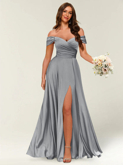 Robe Longue de Soirée Longue à Épaules Dénudées avec Côté Fendu et Froncé