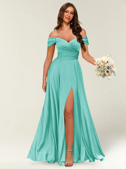 Robe Longue de Soirée Longue à Épaules Dénudées avec Côté Fendu et Froncé