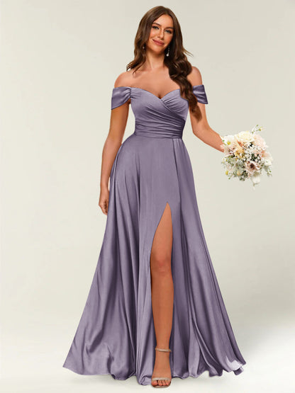 Robe Longue de Soirée Longue à Épaules Dénudées avec Côté Fendu et Froncé