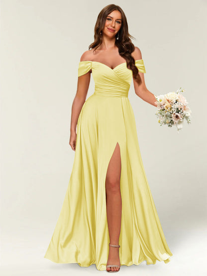 Robe Longue de Soirée Longue à Épaules Dénudées avec Côté Fendu et Froncé