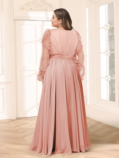 Robe de Demoiselle d'Honneur Grande Taille En Mousseline de Soie à Manches Longues et Col En V Coupe A-Line/Princess