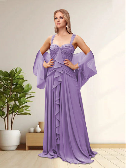 Robe de Soirée Longue Sans Manches à Bretelles Spaghetti avec Volants et Veste
