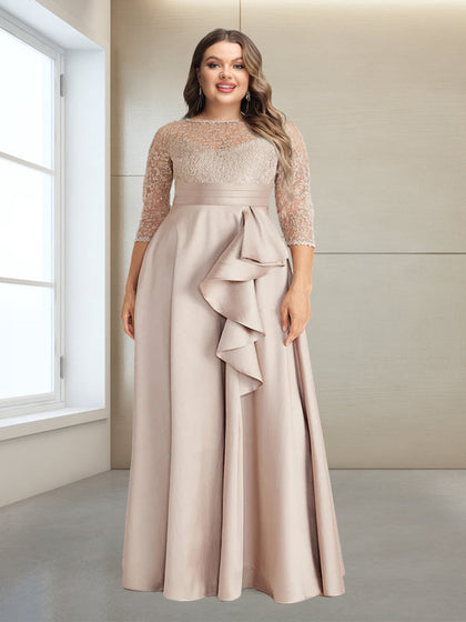 Robe de Soirée Grande Taille, Coupe Trapèze/Princesse, Manches 3/4, Longueur au Sol avec Appliques