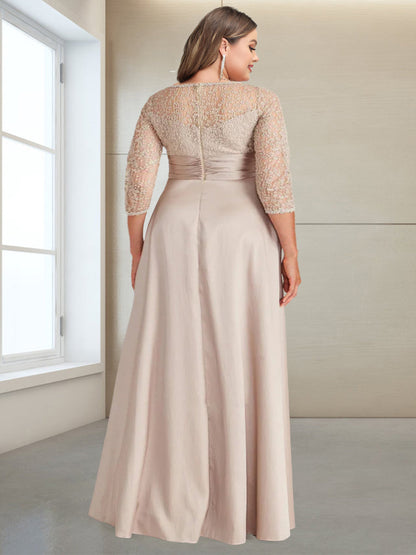 Robe de Soirée Grande Taille, Coupe Trapèze/Princesse, Manches 3/4, Longueur au Sol avec Appliques
