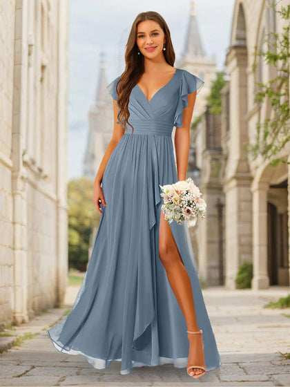 Robe de Demoiselled'Honneur Coupe A-Line/Princesse, Col en V, Longueur au Sol avec Fente Sur le Côté