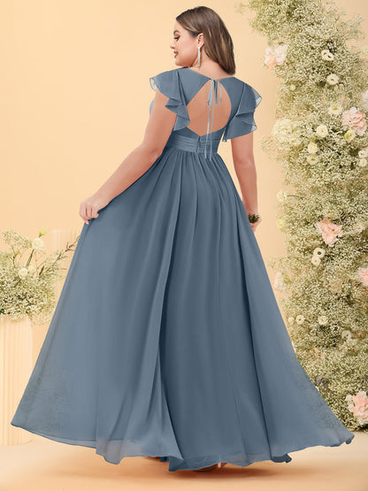 Robe de Demoiselled'Honneur Grande Taille, Coupe Trapèze/Princesse, Col en V, Longueur au Sol avec Fente Sur le Côté