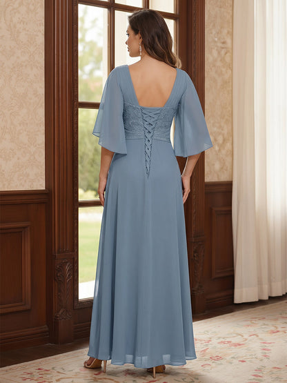 Robe Mère de la Mariée Ligne A/Princesse Col en V Demi-manches Asymétrique avec Volants