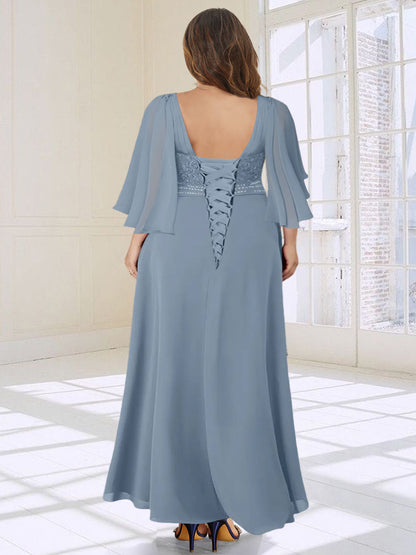Robe de Mère de la Mariée Asymétrique Grande Taille, Coupe A-Line/Princesse, Col en V avec Volants