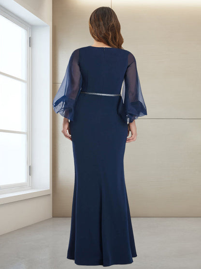 Robe de Mère de la Mariée Grande Taille, Coupe Sirène/Trompette, Manches 3/4, Longueur au Sol